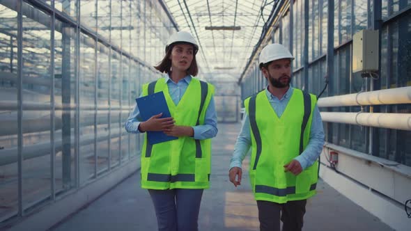 Factory Supervisors Checking Production Level Discussing Safety in Glasshouse