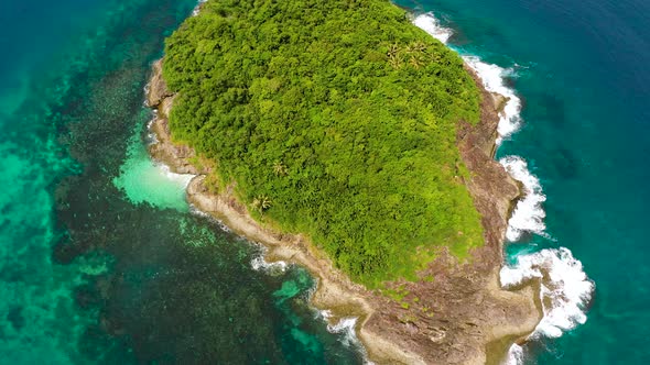 Tropical Island on Coral Reef, Top View.