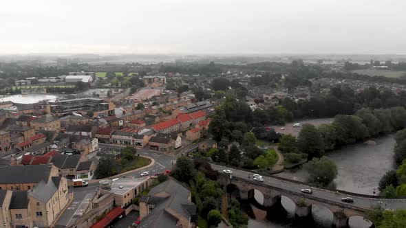 Aerial footage of the town centre of Wetherby in West Yorkshire in the UK