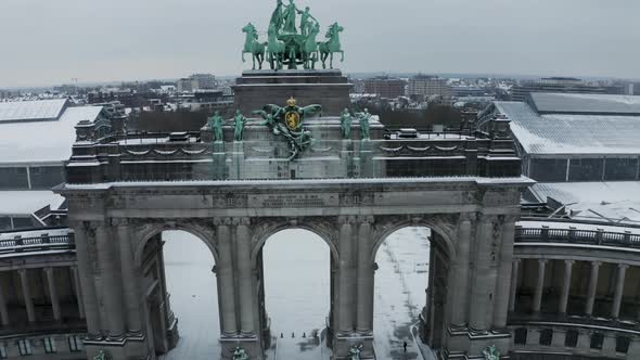 Aerial view of Arc du Cinquantenaire in wintertime, Brussel, Belgium.