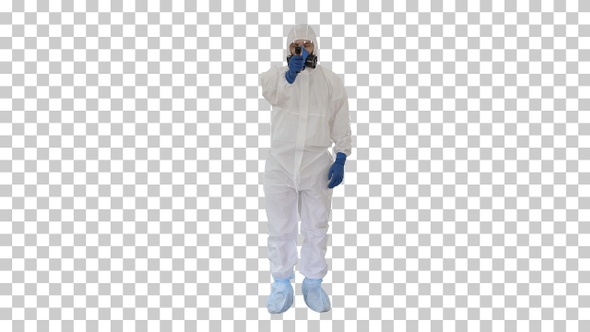 Doctor in Protective Biohazard Suit Points, Alpha Channel