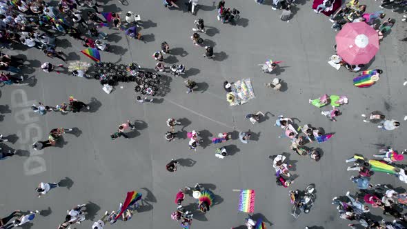 cenital drone shot of people celebrating pride parade in mexico at june