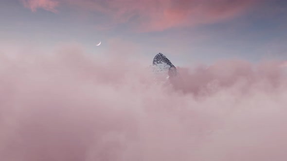 Majestic Matterhorn Mountain With Crescent Moon In The Evening Mood