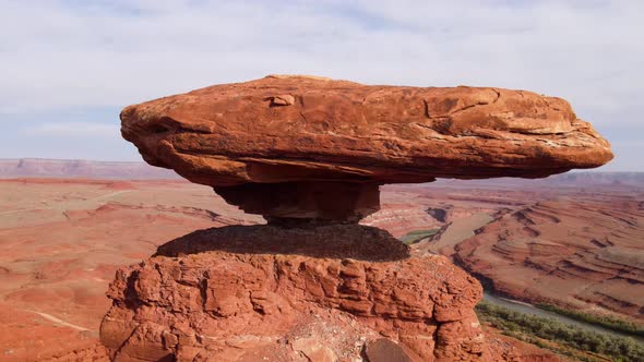 Aerial of Mexican Hat Rock Formation In Utah