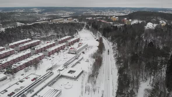 Tram Line in Gothenburg Outskirt During Winter Aerial