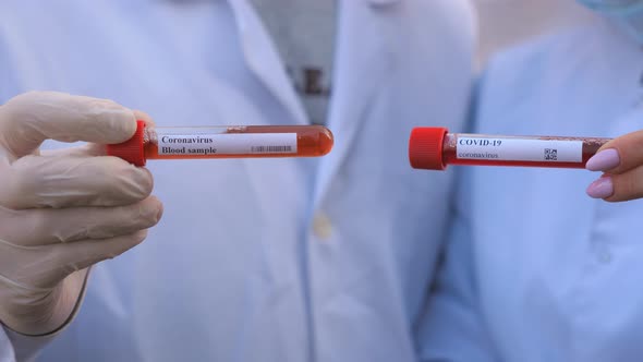 Hands of Male and Female Doctors Explores Test Tubes with Blood Sample To Coronavirus. Arms of