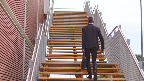 Rear view of businessman walking upstairs