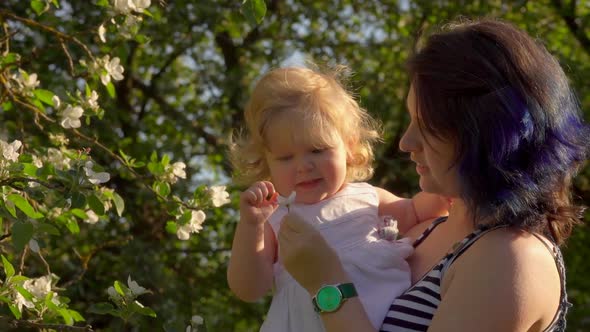 Mom is Showing a Flower to a Little Girl in White Dress in the Apple Garden