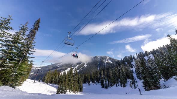 Blue Sky Timelapse Under Chairlift At Popular Ski And Snowboard Resort