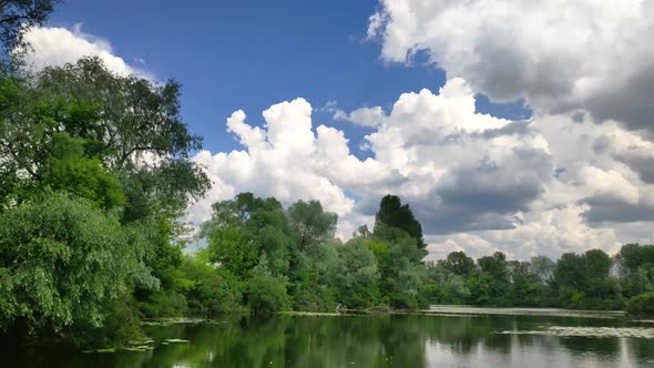 Scenery River Or Pond In Forest.Summer Time Tranquil Landscape.Nature On River.Quiet Tranqill River