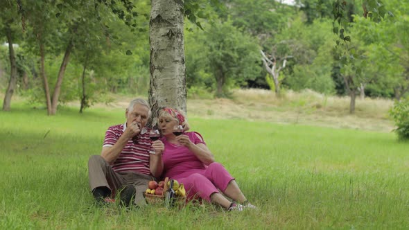 Family Weekend Picnic in Park. Senior Old Couple Sit Near Tree, Eating Fruits, Drinking Wine