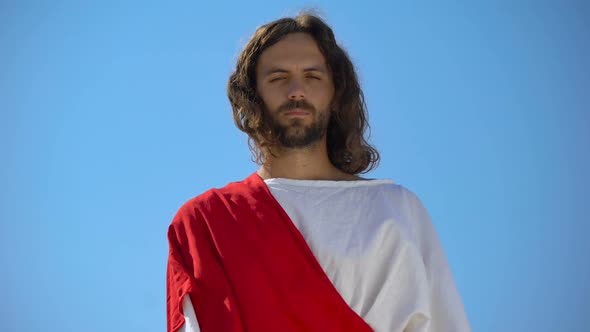 Strict God Looking Into Camera From Heaven, Upset About Sinful Life of Humanity