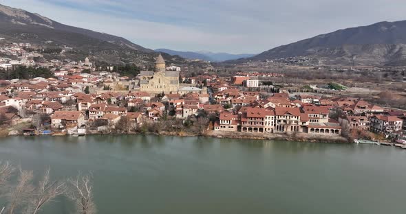 Aerial view of Orthodox Svetitskhoveli Cathedral in Mtskheta, Georgia