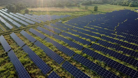 View of a solar power plant, rows of solar panels, solar panels, top view of a solar power plant