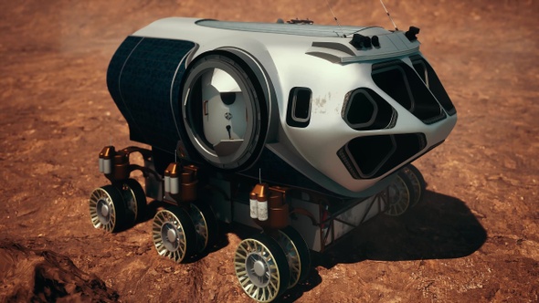 Vehicles on the ground of Mars examining rocks
