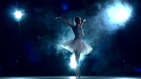 Ballerina in the Classroom on Blue. Slow Motion