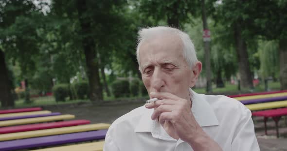 Portrait of Thoughtful Granddad Smoking Lonely Cigarette on Park Bench in Summer