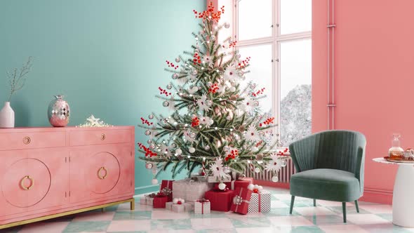 Modern Mid Century Living Room With Christmas Tree And Decorations