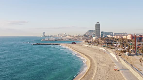 Aerial Scenery Sea Waves Falling on Sandy Shore at Barcelona