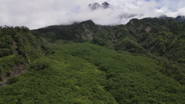 Aerial view of flying in a tropical forest, mountain, and valley in Indonesia.