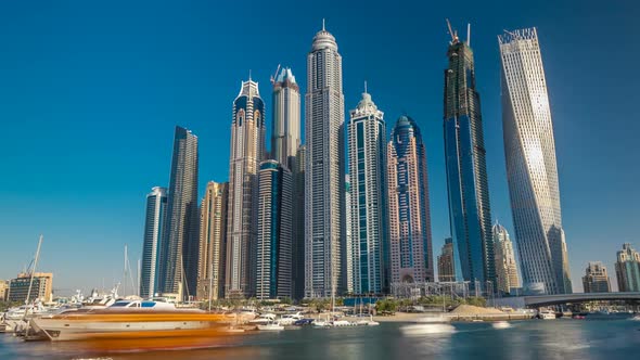 View of Dubai Marina Tallest Towers in Dubai Before Sunset Timelapse Hyperlapse