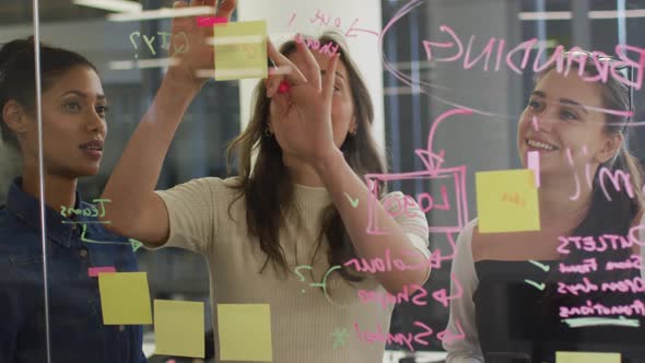 Diverse group of female work colleagues brainstorming putting sticky notes on glass wall