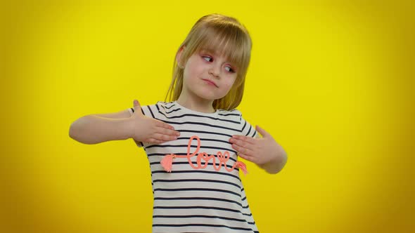 Funny Child Girl Feeling Very Proud Pointing Herself Looking Selfconfident Overjoyed By Success