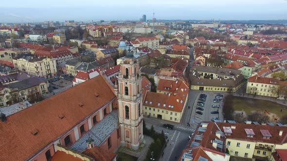 Flying over the Church of All Saints in Vilnius, Lithuania