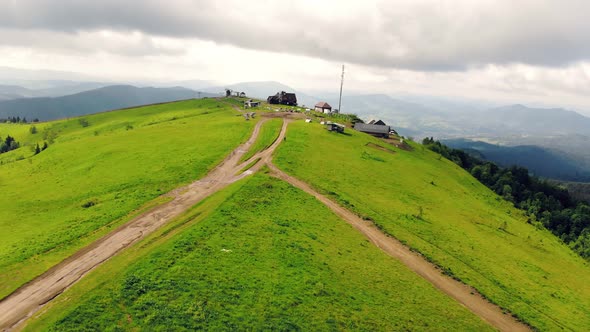 Aerial View Mountain Vysokyi Verkh in the Ukrainian Carpathians Is Covered with Green Grass in