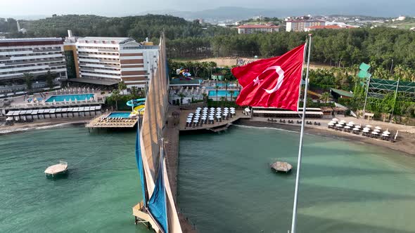 Turkısh flag aerıal vıew 4 K Turkey Alanya