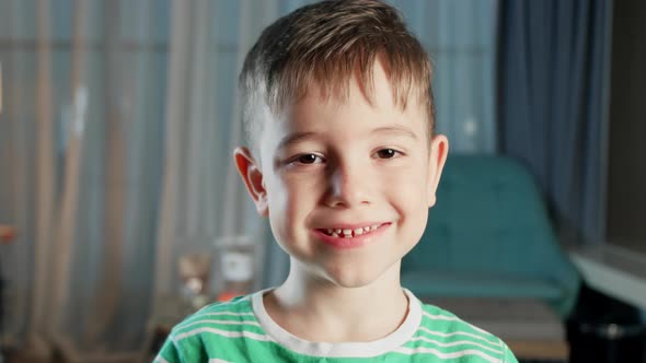 Portrait Funny Little Boy Smiling Child Looking at Camera are Sitting on the Couch at Home Cute Kid