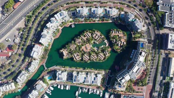 Top down aerial speedramp of the concrete island in the marina district