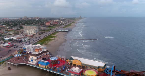 Aerial view of Pier off the coastal area of Galveston Island Texas