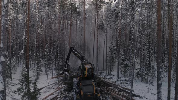 Drone view of Forest harvester in action in winter forest 18