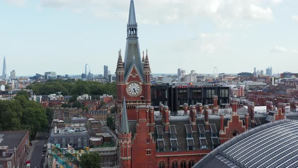 Beautiful Decorated Brick Clock Tower As Part of Old Brick St Pancras Train Station Building