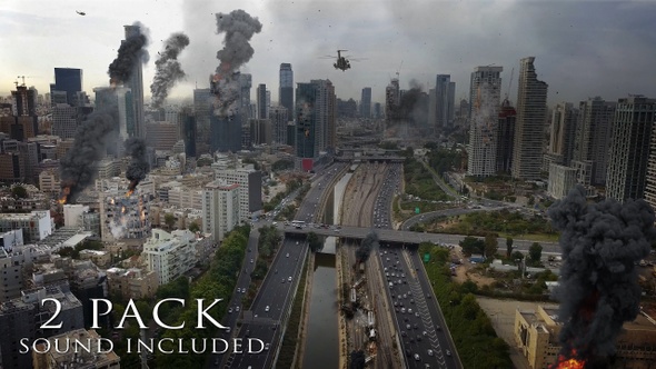 Tel Aviv City Under Attack In War Aerial View Illustration- 2 Pack