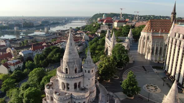 Aerial view of Fisherman's Bastion (Halaszbastya) in Budapest, Hungary, Europe