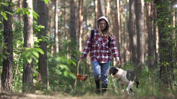 Smiling Happy Woman Playing with Curios Dog in Forest Walking Away Leaving with Pet