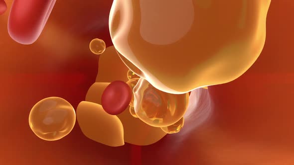 3D Animation of cholesterin flowing in a vessel with hemoglobin cells