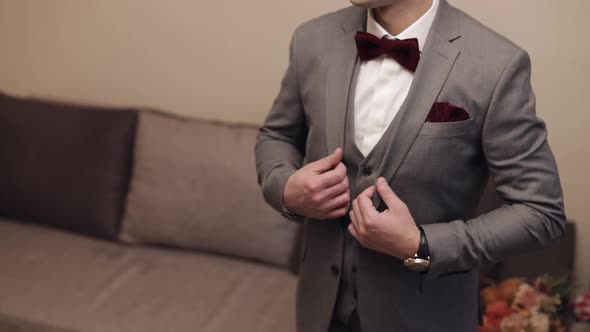 Handsome Groom Businessman Wearing Gray Jacket at Home in Living Room White Shirt with Black Tie