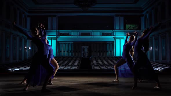 Group Young Skillful Ballerinas Dancing Modern Ballet on the Stage of Large Hall