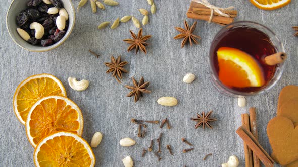 Hot Mulled Wine, Orange Slices, Raisins and Spices