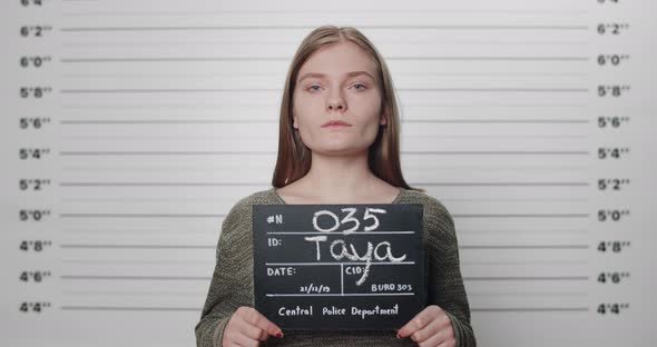 Mugshot of Millennial Arrested Woman Holding Sign While Being Photographed in Police Department