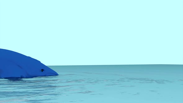 Modern Animation Art with a Blue Lonely Whale Swims in the Ocean or Sea