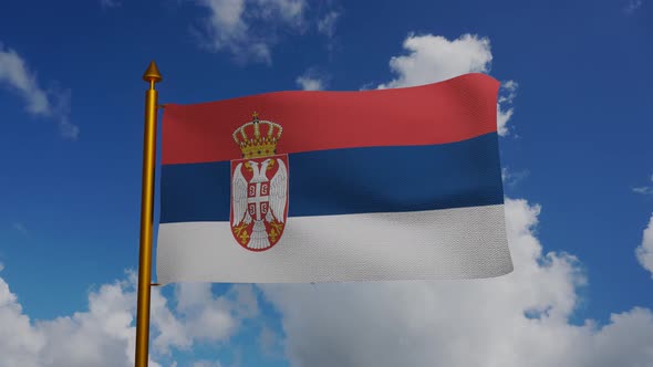 National flag of Serbia waving with flagpole and blue sky timelapse