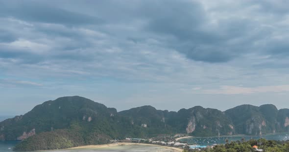 Time Lapse of Day Clouds Over the Wonderful Bay of Phi Phi Island Landscape with Boats