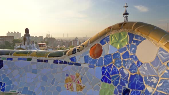 Foggy Morning Barcelona City, Spain Lit By Sun. Shot From Park Guell. Crane Shot