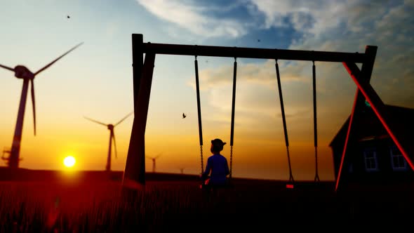 Girl Sitting on Swing and Wind Tribunes with Sunset View