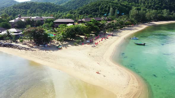 Aerial top down nature of exotic island beach break by aqua blue water with white sand background of