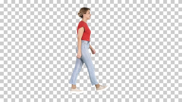 Woman in red t-shirt, jeans and sneakers walking, Alpha Channel